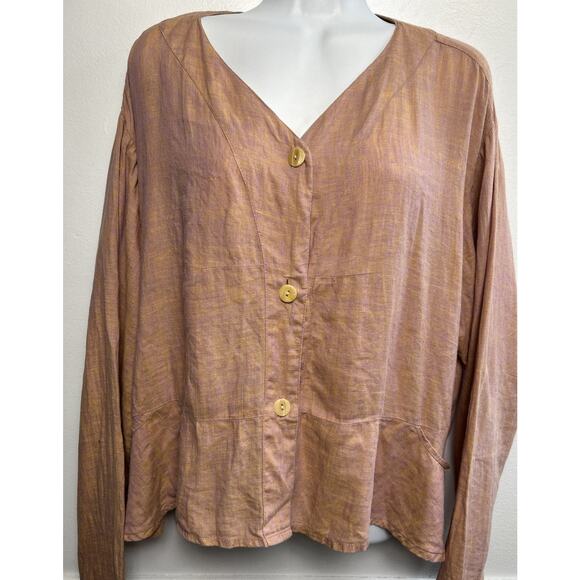 Flax 100% Linen Boxy Top Blouse M Button Front V-neck L/S Pink /Gold - Picture 1 of 8